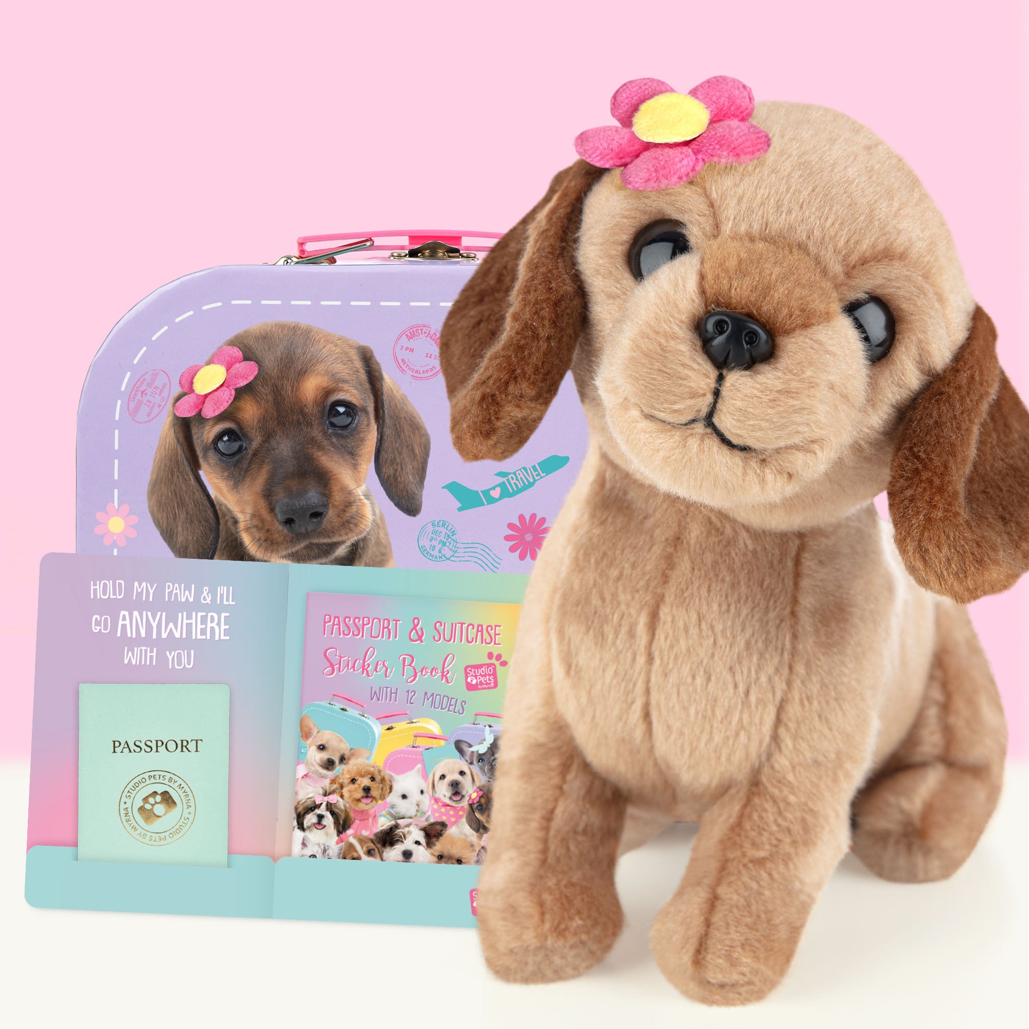 Daisy Plyšový pejsek – jezevčík 16 cm – sada s kufříčkem